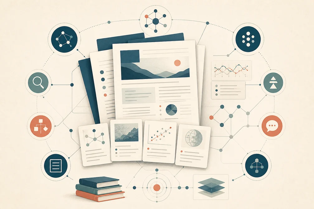 Editorial illustration of Report Studio research orchestration